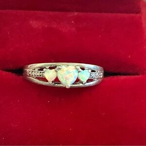 Heart 3 Opal and diamonds sterling silver ring size 7.5 vintage